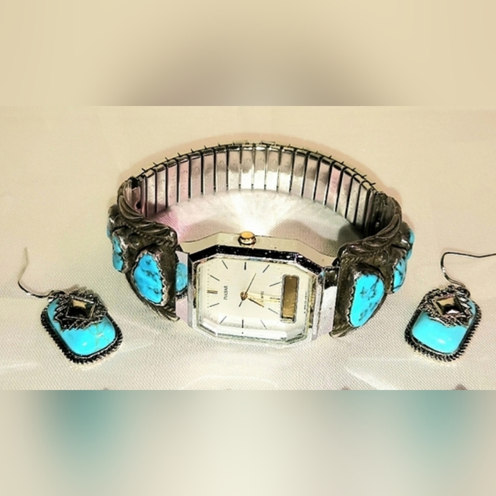 Pulsar 925 Silver, Authentic Turquoise Vtg watch & Southwest Style Earrings